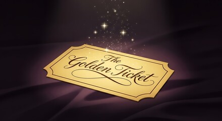 A magical golden ticket rests on a dark purple surface, emitting golden sparkles and light.