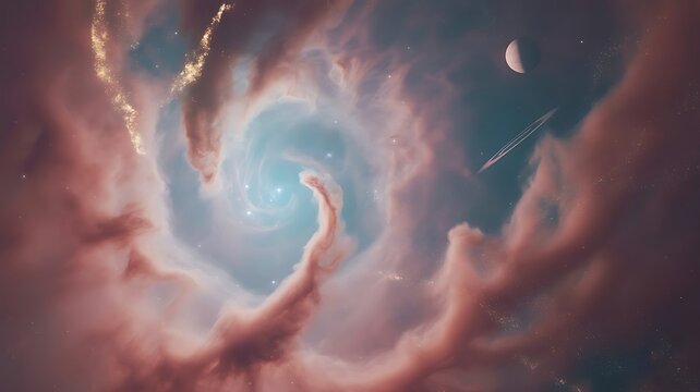 Dreamy Cosmic Scene of Swirling Pink and Aqua Nebula Clouds