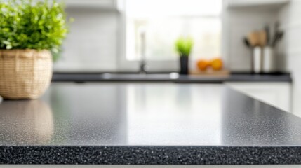 Elegant Black Kitchen Countertop with Fresh Green Plants and Light