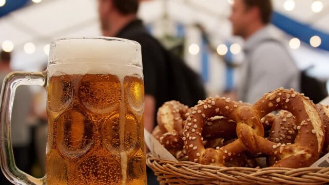 A frothy beer mug stands by a pretzel basket set against a blurred festive backdrop