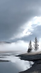 Fototapeta premium Misty Mountain River Landscape with Two Pine Trees
