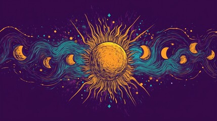 Vintage mystical sun and moon phases cosmic illustration on purple background