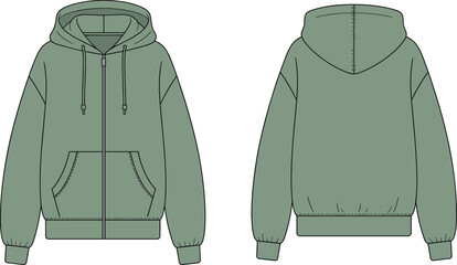 Green zip-up hoodie front and back view, casual sweatshirt template, unisex fashion garment mockup, sportswear illustration, clothing design, apparel vector, jacket
