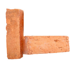 Side view of two cracked old red or orange bricks in stack isolated with clipping path in png file format