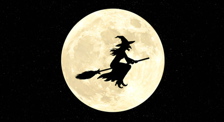 Silhouette of a witch flying on a broomstick in front of a full moon with a starry night sky background.