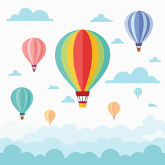 Naklejka premium A fleet of colorful hot air balloons soaring through a cloudy sky. Flat design vector illustration representing adventure, travel, and freedom.