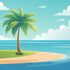 Peaceful tropical beach scene illustration with a lone palm tree on a sandy shore by the calm sea. Summer vacation getaway concept.