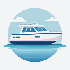 Flat design vector illustration of a luxury motor yacht on the calm blue sea. A modern icon representing maritime travel, vacation, and leisure.