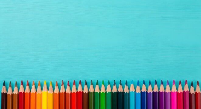 back to school marketing vibrant colored pencils row blue background art supplies - Powered by Adobe