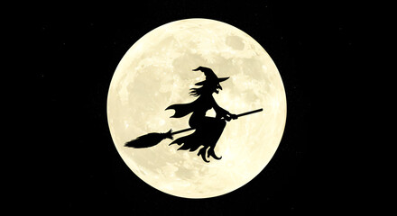 Silhouette of a witch flying on a broomstick in front of a full moon with a starry night sky background.