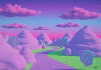 Candy Land Dreamscape: Whimsical Landscape with Lollipops, Clouds, and Pastel Colors