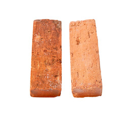 Top view set of two old orange or red bricks isolated on white background with clipping path