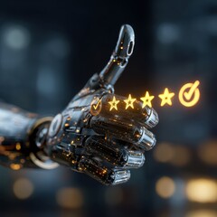 Robot hand giving positive feedback in futuristic city.  Possible use  AI review