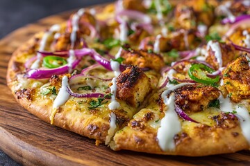 •  High-definition image of a spicy chicken tikka pizza topped with green chilies, red onions, and creamy white sauce drizzle on thin crust 