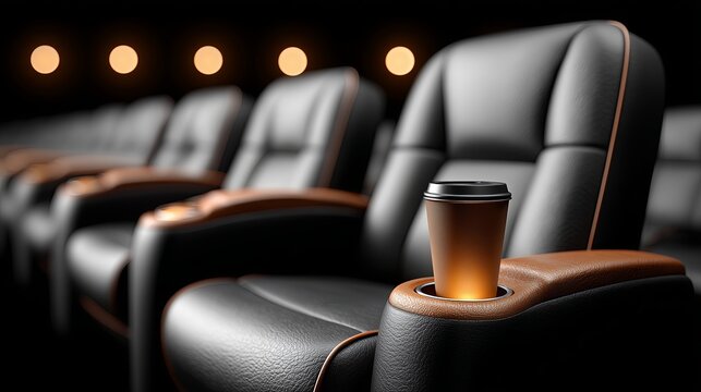 Comfortable theater seating with coffee cup in upscale cinema setting