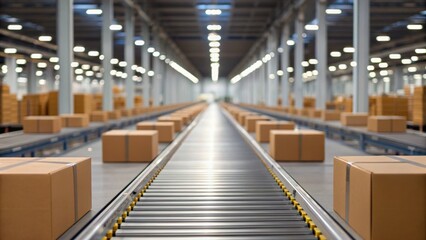 Fototapeta premium Warehouse interior with conveyor belts and cardboard boxes organized for distribution and logistics.