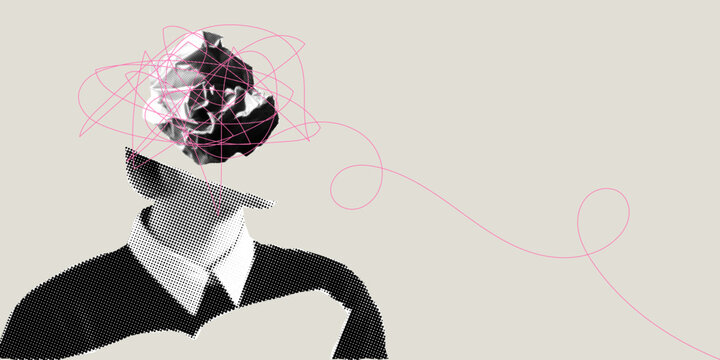 Person with tangled lines brain abstract pop art collage