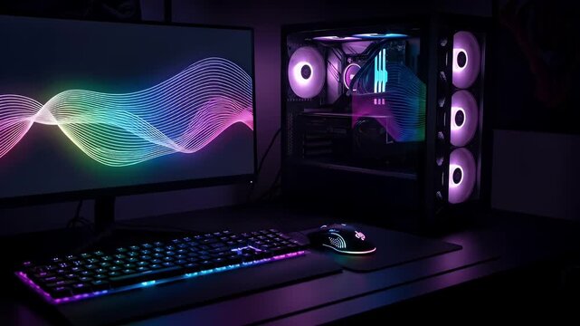 A powerful gaming computer setup with colorful RGB neon lighting in a dark room for esports