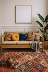 Cozy Living Room Scene Featuring a Wicker Sofa Adorned with Colorful Geometric Patterned Cushions and a Textured Blanket