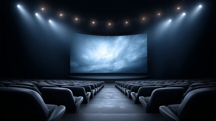 Empty theater with projection screen before a movie screening at night