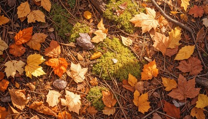Autumn Forest Floor With Leaves Moss And Twigs