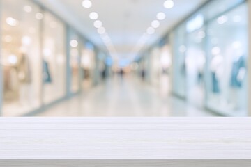 Fototapeta premium Empty White Wooden Table Surface in Front of a Blurred Shopping Mall Corridor with Soft Lighting