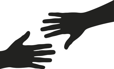 Silhouettes of two hands reaching toward each other, symbolizing help, unity, support, connection, teamwork, care, partnership, isolated background