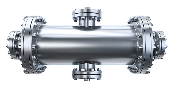 Detailed view of a metallic shell and tube heat exchanger with visible piping and flanges, industrial design, isolated on white background.