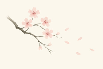 Minimalist sumi-e style painting of a cherry blossom branch with delicate pink petals falling on a light background, evoking Japanese art and the fleeting beauty of spring