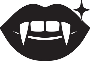 Lips with vampire-like shiny teeth silhouette vector icon for spooky, gothic, and Halloween-themed design.