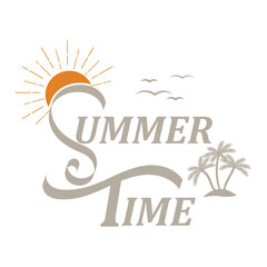 Summer time illustration typography vector design isolated on white background. with sunrise and flock of birds.