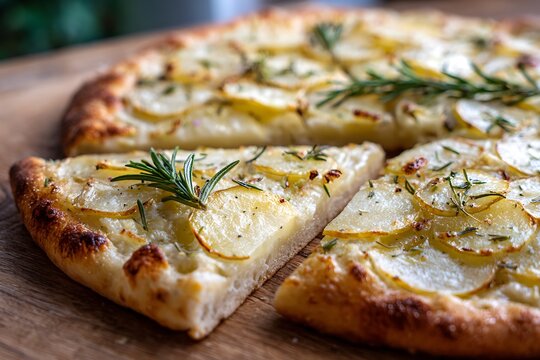 •  Minimalist olive oil and garlic pizza with thin potato slices, rosemary, and crispy crust detail 