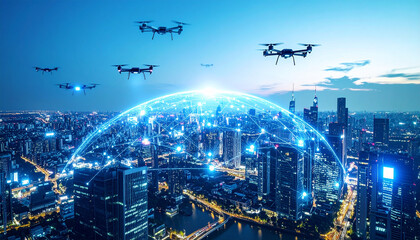 Aerial view of a futuristic cityscape with a robot sentry patrolling and drones flying overhead at dusk with a blue and purple color scheme.