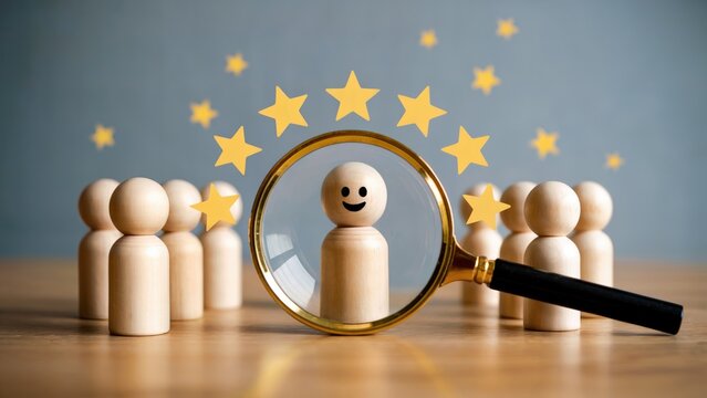 Magnifying glass highlighting top talent with five stars, representing success and excellence - Powered by Adobe
