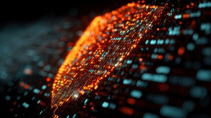 Abstract glowing shield with binary code forming digital barrier