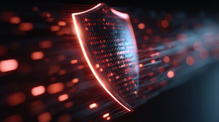 Abstract glowing shield with binary code forming digital barrier