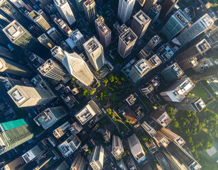 Aerial view city skyscrapers park.