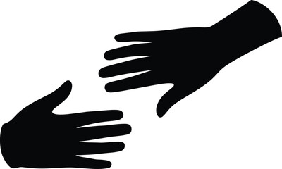 Two black silhouette hands reaching towards each other, connection, unity, cooperation, teamwork, friendship, helping gesture, isolated on white background