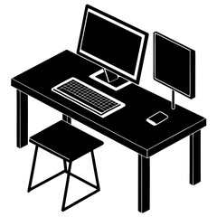 Fototapeta premium Dark modern workspace with RGB-lit keyboard, mouse, and dual monitor setup, vector design.