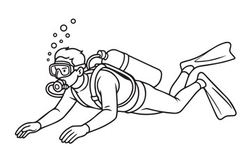 Vector graphic of a man with full diving equipment underwater in the sea, designed in black and white with sharp, prominent black outlines.

