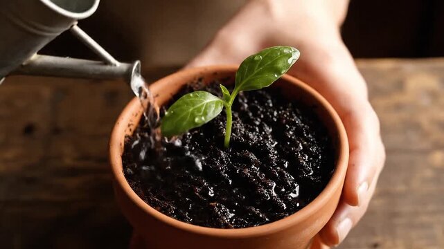 A sprout is watered in a terra cotta pot held in a hand showing leaves soil and a metal watering can