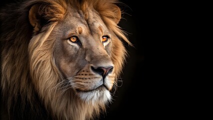 Obraz premium Majestic Male Lion Portrait with Golden Mane on Black Background