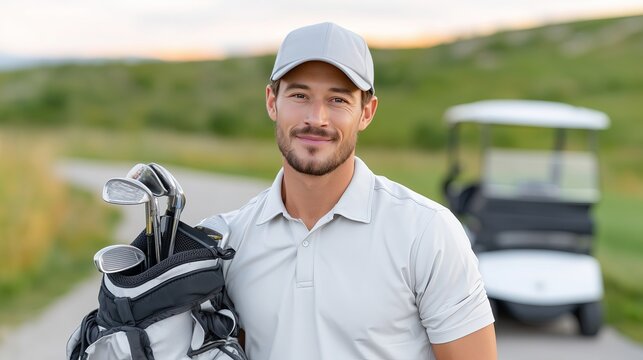 Smiling golfer holds clubs next to cart in late afternoon at golf course