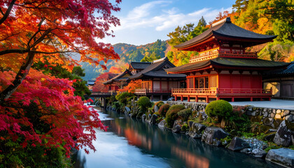 Fototapeta premium Autumn Temple with Japan, and Calm River.