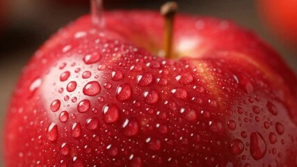 A shiny red apple is being washed covered in water droplets that reflect light - Powered by Adobe