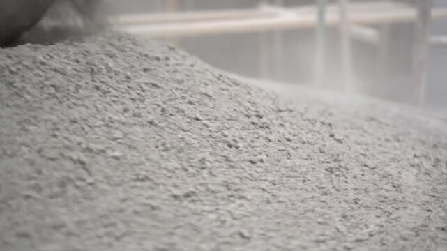 A sizable mound of gray powder or particulate matter filling the frame with a slight dusting effect and blurry industrial equipment visible in the background