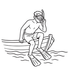 Vector illustration of a man sitting calmly on the edge of a boat, preparing for snorkeling, in black and white with bold black outlines.