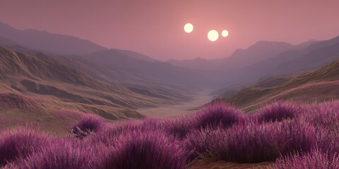 Obraz premium Alien world covered in lavender dunes beneath a sky of three suns
