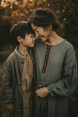 Fototapeta premium Mother embracing child with eyes closed under autumn leaves.