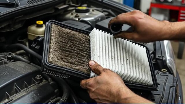 A person holds a dirty car air filter and a clean one